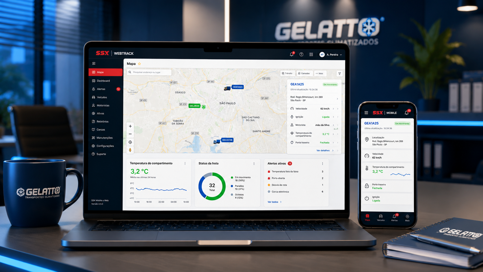 Sistema de monitoramento Gelatto exibido em computador e celular